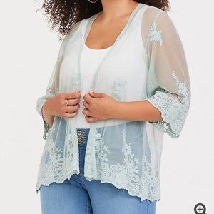 Torrid Mint Green Embroider Mesh Kimono I Sz 1/2